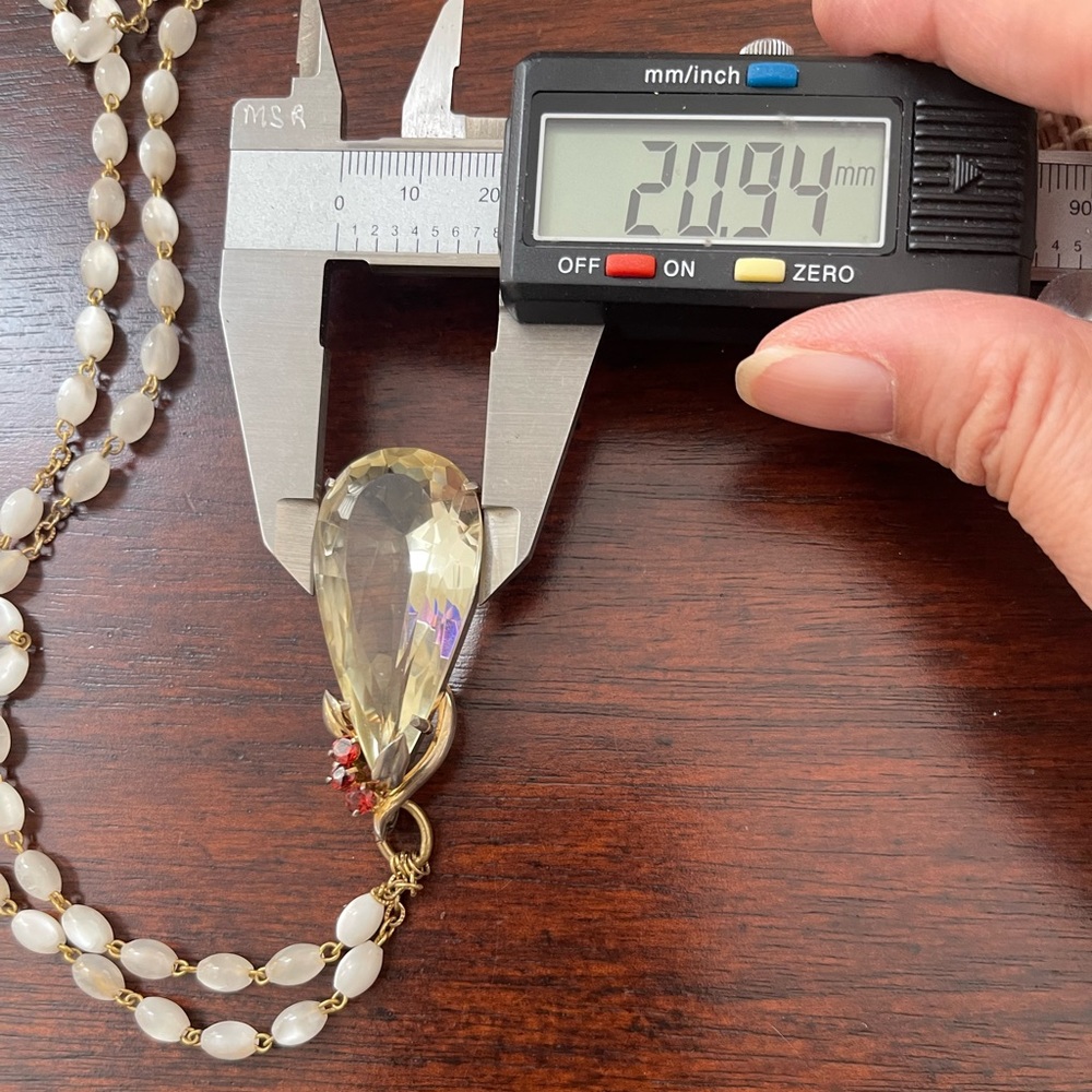 Huge lemon crystal genuine garnet gold tone pendant white opalescent chain - Picture 11 of 11